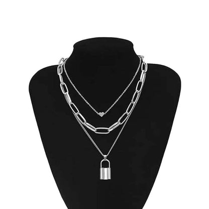 Lock & Heart Pendant Layered Necklace - Symbol of Love and Connection