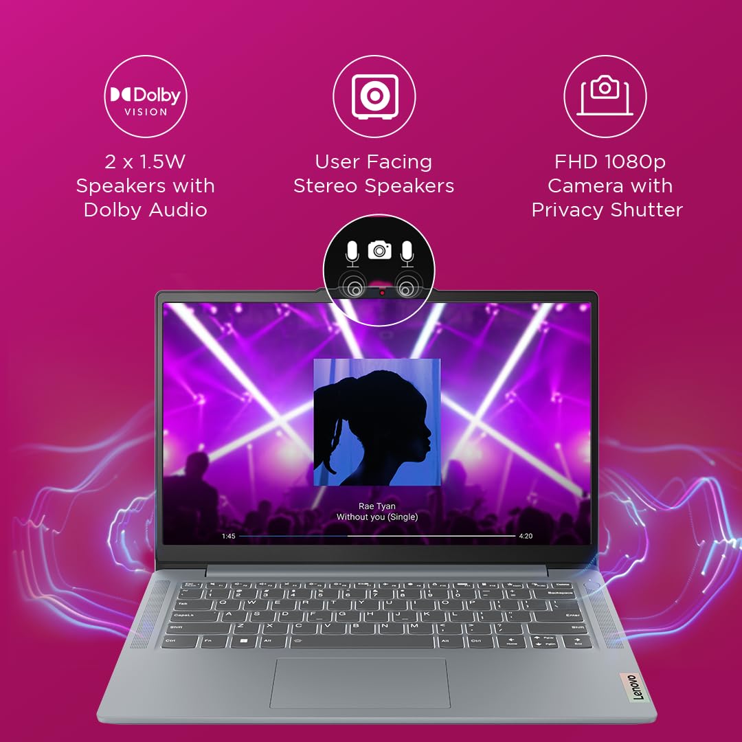 Lenovo IdeaPad Slim 3, Intel Core i5-12450H, 12th Gen, 16GB RAM, 512GB SSD, FHD, 14"/35.5cm, Windows 11, MS Office Home 2024, Grey, 1.37Kg, 83EQ0072IN, Alexa Built-in, 3 mon. Game Pass Laptop